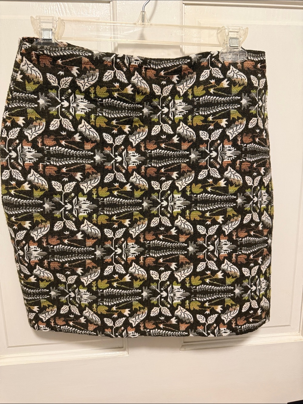 Textured Black Mini Skirt with Green & Brown Floral Motif
